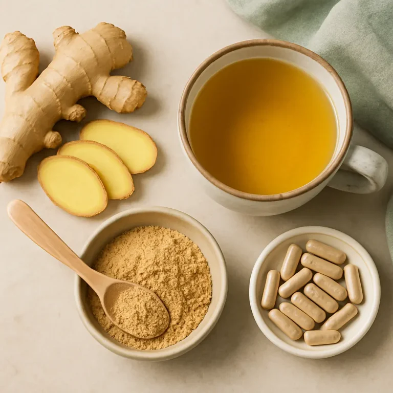 Flat lay of ginger root, sliced ginger, ginger powder with a spoon, a cup of ginger tea, and a bowl of vitamin capsules, promoting wellness, healthy eating, and fitness supplements.