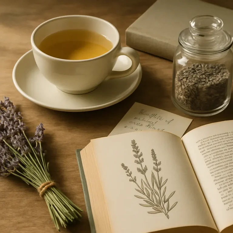 Cup of herbal tea and dried lavender flowers on a table with an open book depicting a botanical drawing, emphasizing natural wellness, healthy eating, and herbal supplements.