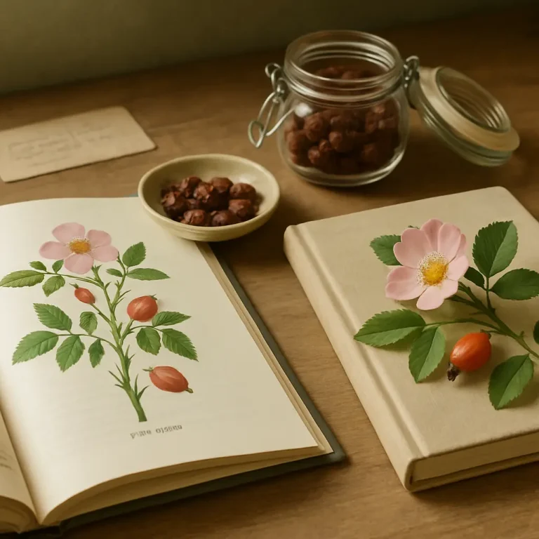 Illustrated book with rosehip plants next to a jar of dried rosehips, highlighting their role in vitamins and natural supplements for wellness and healthy eating.