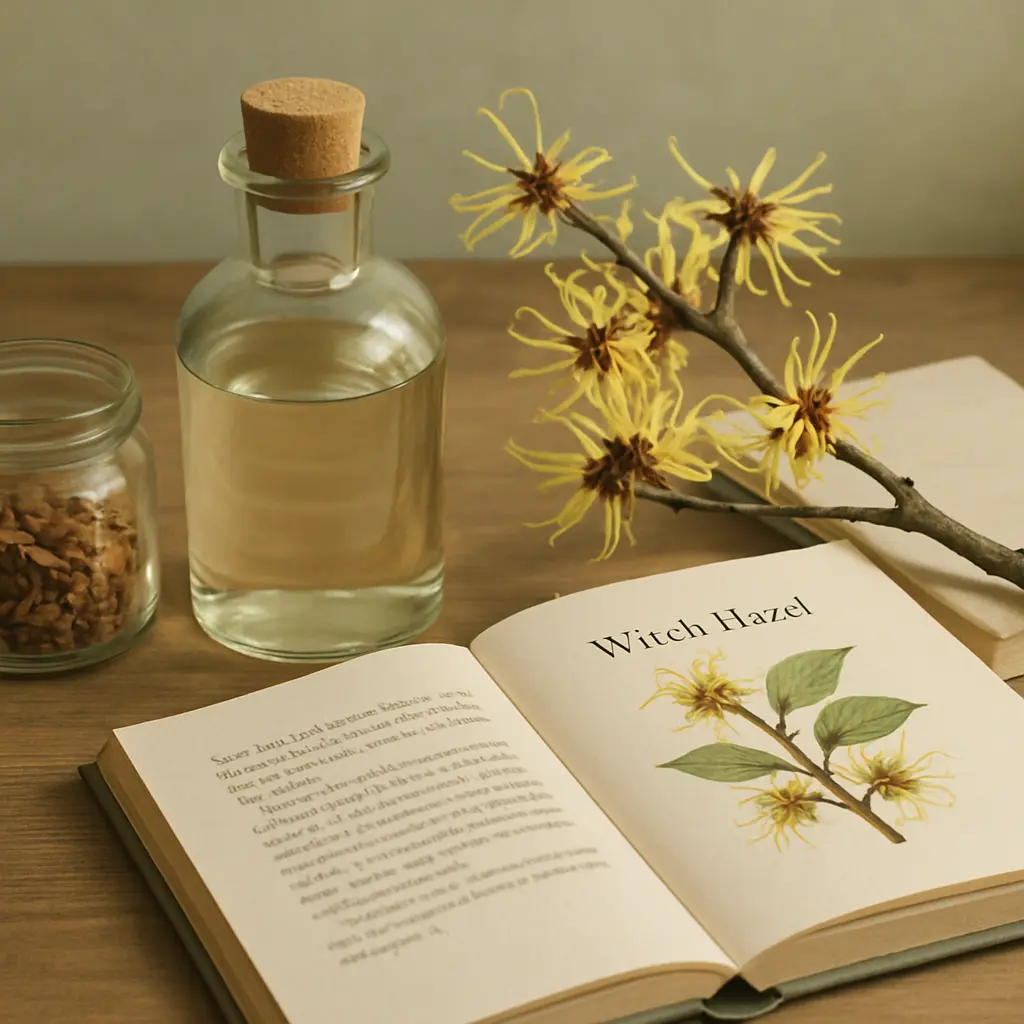 Open book displaying information on witch hazel, alongside a glass bottle and jar with natural ingredients, illustrating wellness and herbal supplements.