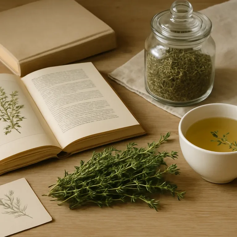 Herbal tea and dried herbs with a book; wellness and healthy eating with natural supplements.