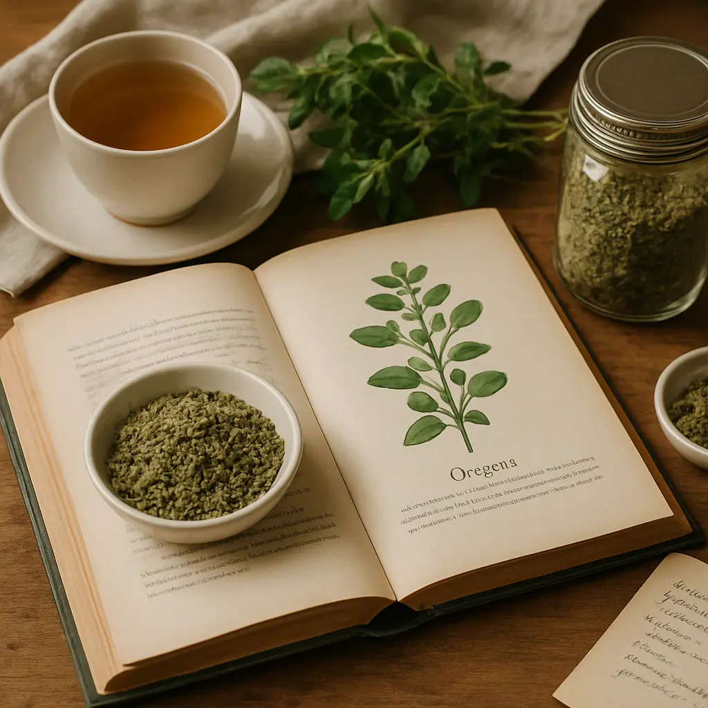 Open herbal book with oregano illustration, bowls of dried oregano, a jar, and a cup of herbal tea, promoting healthy eating and wellness through natural supplements.