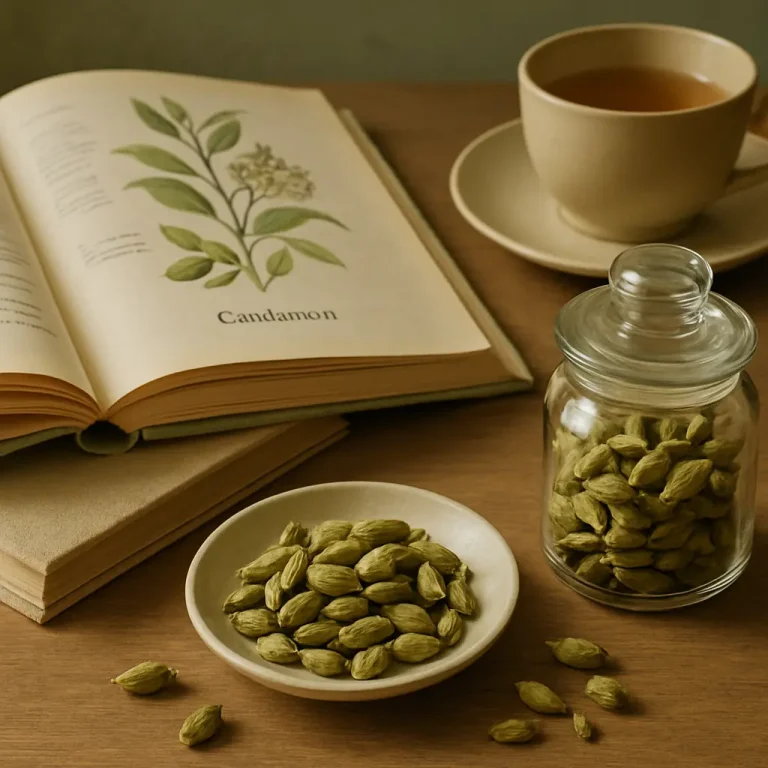 Cardamom pods in a jar and on a plate next to an open book with a botanical illustration, emphasizing herbal supplements, wellness, and healthy eating.