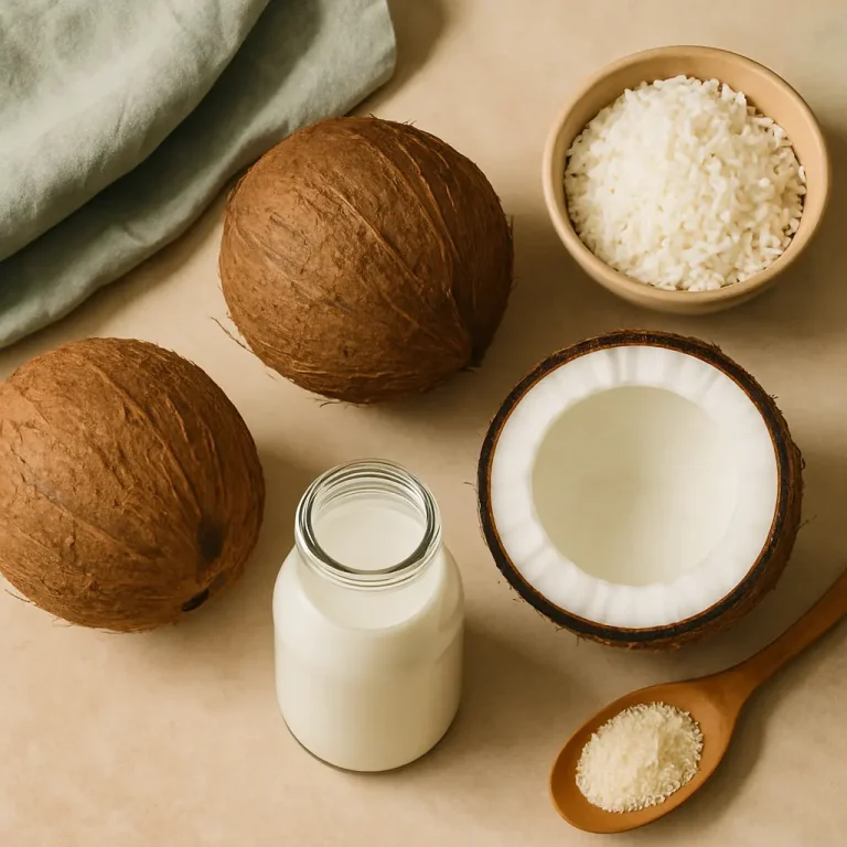 Coconut products including whole coconuts, coconut milk in a glass bottle, a bowl of shredded coconut, and a spoon with coconut flakes, emphasizing natural nutrition and wellness ingredients.