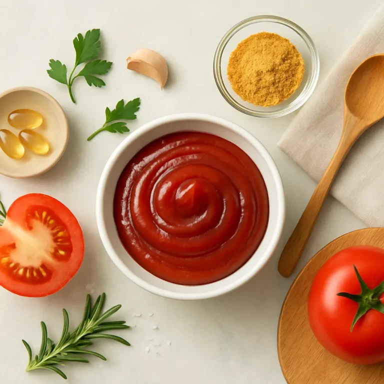 Arrangement of healthy ingredients including a tomato, fresh herbs, garlic, nutritional yeast, and a bowl of tomato sauce, emphasizing wellness, vitamins, and healthy eating.