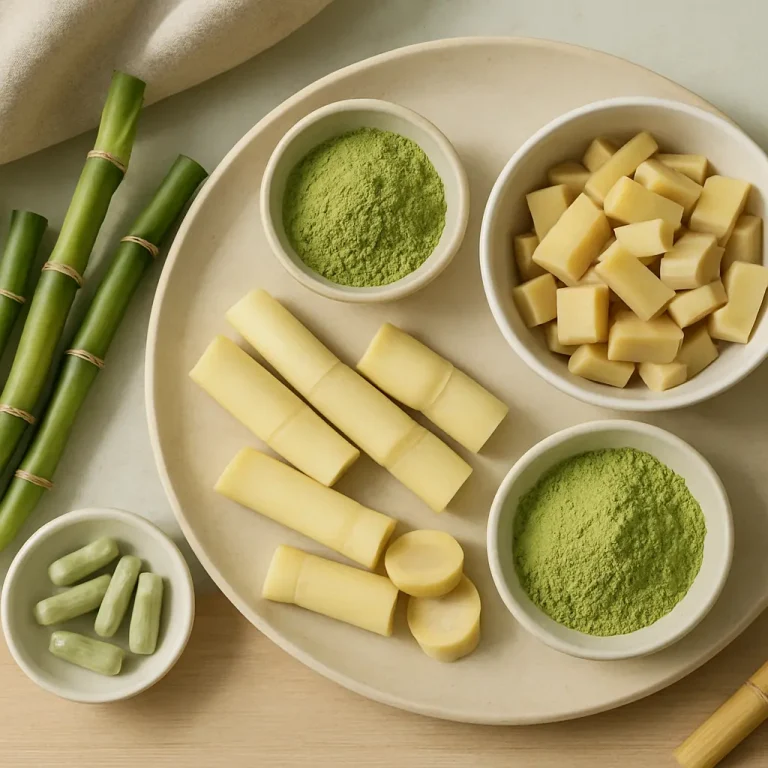 Assorted supplements and bamboo displayed on a plate, featuring green powder, capsules, and bamboo-inspired snacks, promoting wellness and healthy eating.