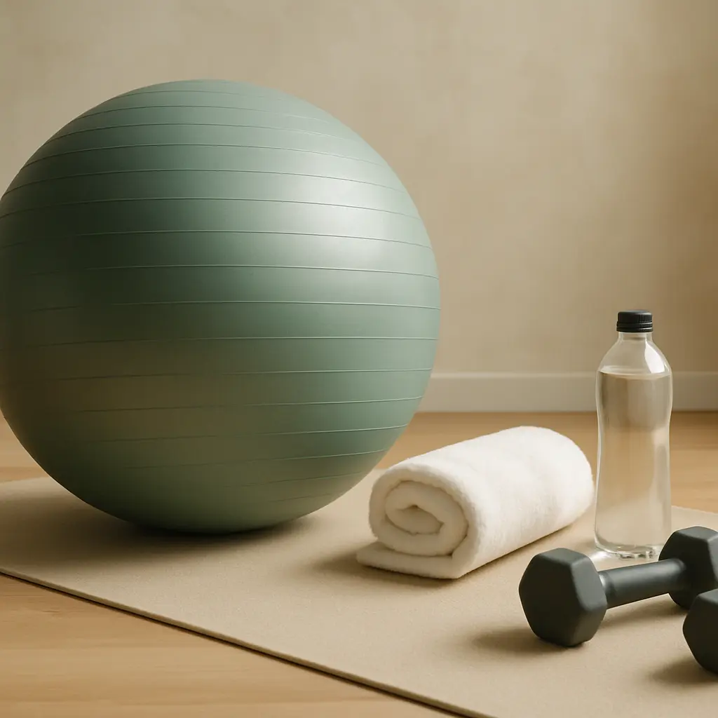 Fitness setup with exercise ball, dumbbell, water bottle, and towel on yoga mat, promoting wellness, healthy living, and exercise.