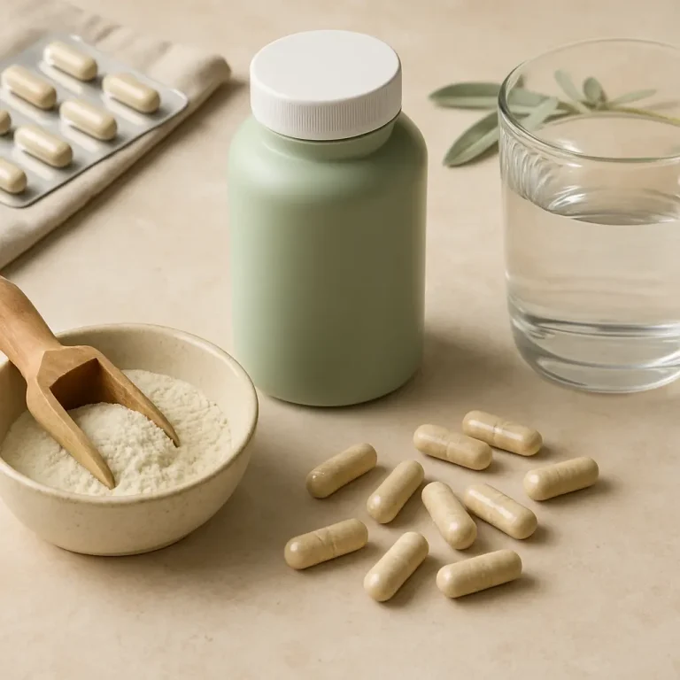 A tabletop displaying a green vitamin bottle, white capsules, a scoop of powdered supplement in a bowl, and a glass of water, symbolizing wellness and healthy eating.