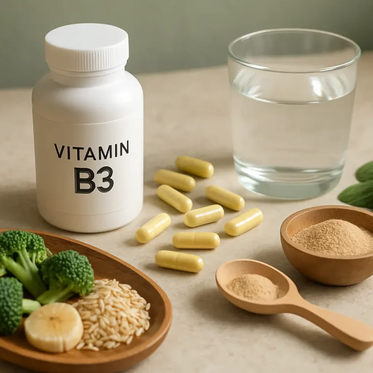 Vitamin B3 supplement bottle with yellow capsules, surrounded by healthy foods like broccoli, banana slices, and brown rice, promoting wellness and healthy eating.