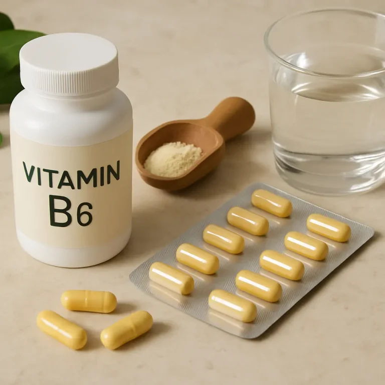 Vitamin B6 supplement bottle with capsules, a scoop of powder, and a glass of water, illustrating healthy eating and wellness.