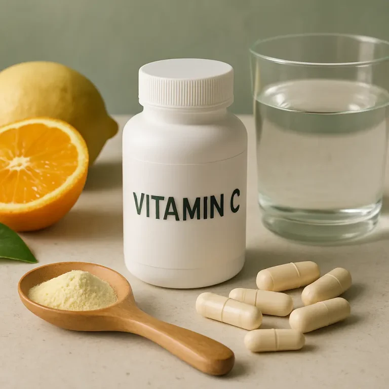 Vitamin C supplement bottle with capsules, a wooden spoon of powder, a glass of water, lemon, and orange, symbolizing health, fitness, and wellness.