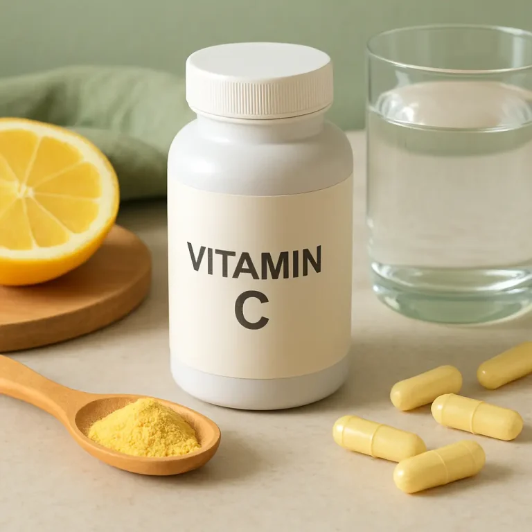 Vitamin C supplement bottle with capsules, a lemon half, and a spoonful of vitamin powder, promoting wellness, fitness, and healthy eating.