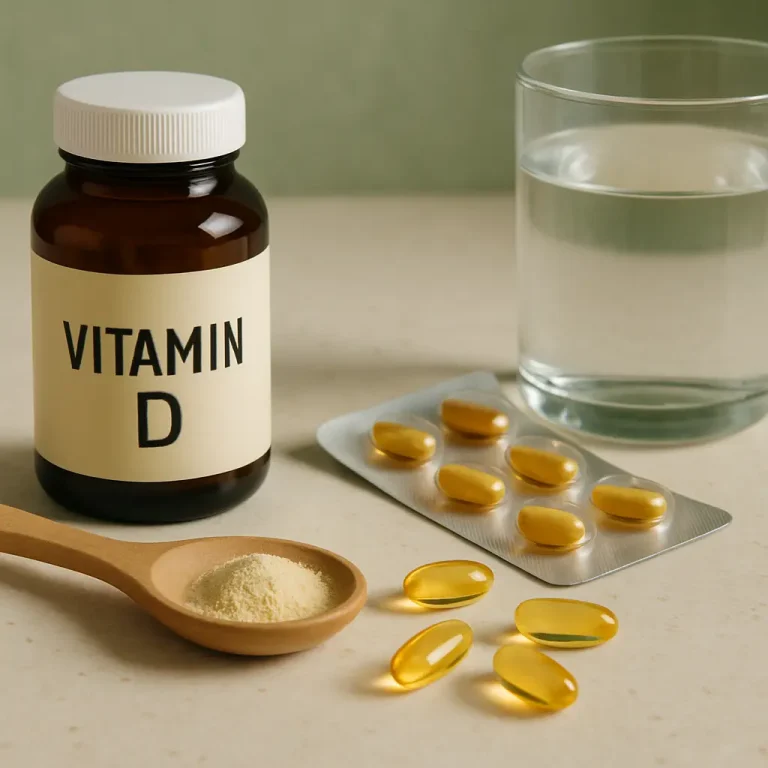 Vitamin D supplement bottle, gel capsules, powder in a wooden spoon, and a glass of water on a table promoting wellness and healthy living.