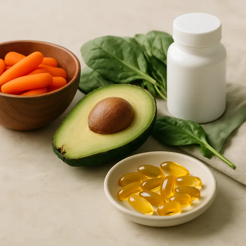 Healthy eating and wellness concept with an avocado, baby carrots, spinach leaves, a white supplement bottle, and omega-3 capsules, highlighting vitamins and fitness nutrition.