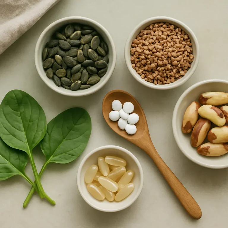 Variety of health foods and supplements including spinach leaves, pumpkin seeds, granules, Brazil nuts, white tablets, and yellow capsules on a neutral background, emphasizing vitamins, fitness, and healthy eating.