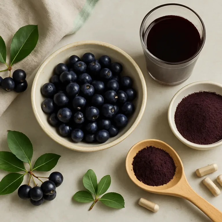 Acai berries in a bowl, acai powder in a spoon, a glass of dark juice, and capsules, highlighting healthy eating and antioxidant-rich supplements for wellness.