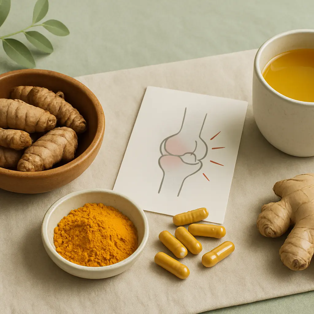 Turmeric root, powder, and capsules are displayed alongside a cup of turmeric tea and a drawing of a joint, promoting joint health, supplements, and wellness.