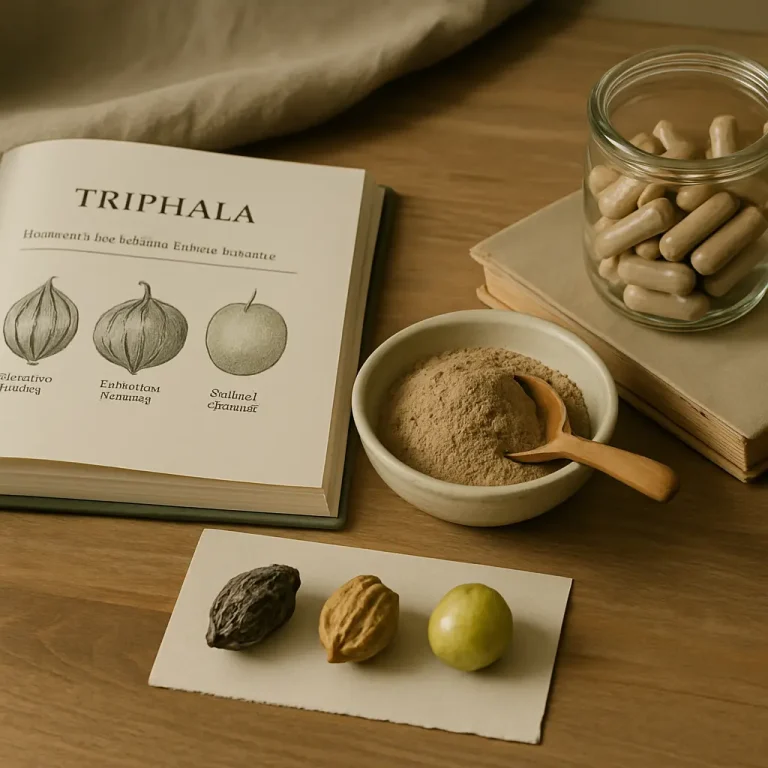 Triphala supplement scene with a jar of capsules, a bowl of powder with a wooden spoon, three illustrated fruits in a book, and actual fruits, representing natural health, vitamins, wellness, and healthy eating.