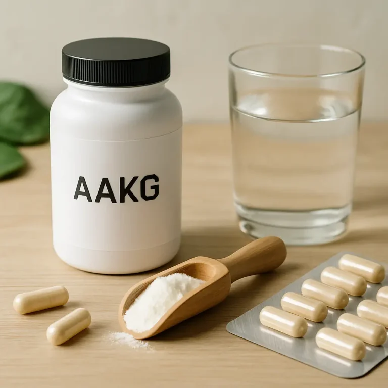 AAKG supplement bottle with capsules, a scoop of powder, and a glass of water, highlighting fitness and wellness benefits.