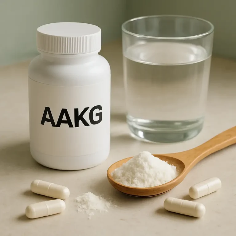 Bottle labeled AAKG with a wooden spoon of powder, glass of water, and capsules, highlighting fitness supplements for wellness and healthy eating.