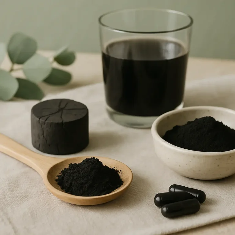 Glass of black liquid with black powder, capsules, and charcoal block on a table, symbolizing wellness supplements and healthy detox options.
