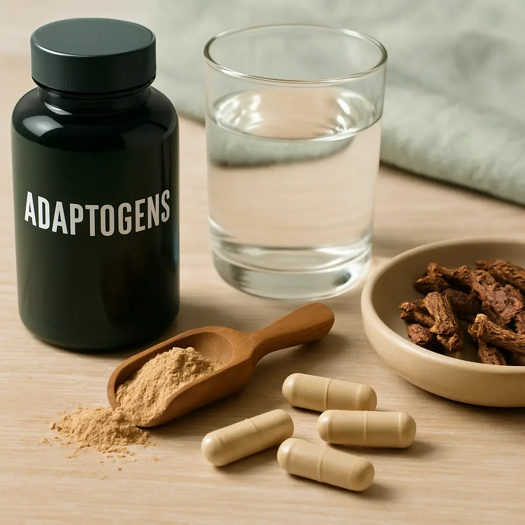 Bottle labeled "Adaptogens," alongside a wooden scoop with powder, capsules, a bowl of dried herbs, and a glass of water, promoting supplements and wellness.