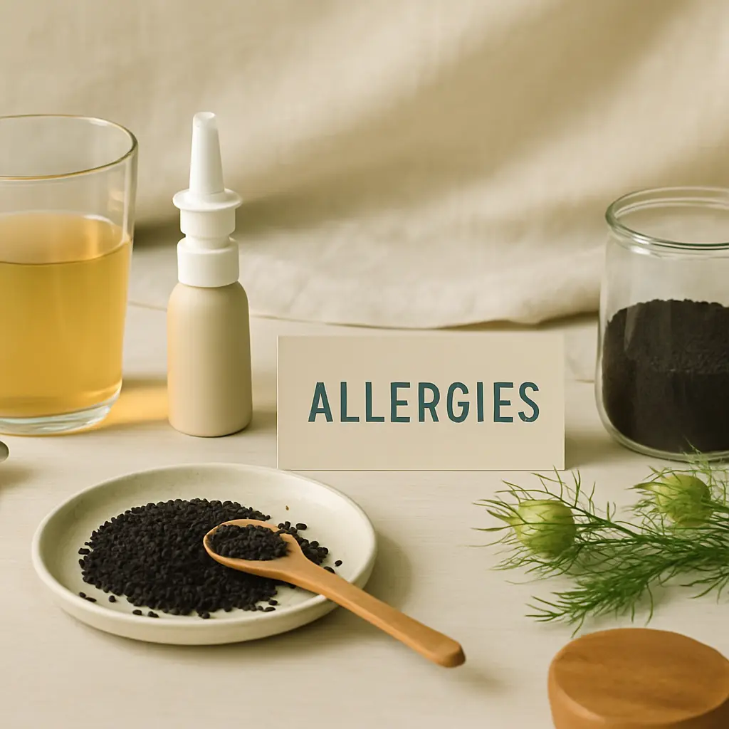 A wellness setup featuring black cumin seeds on a plate with a wooden spoon, a nasal spray bottle, a glass of herbal tea, and a sign labeled 'Allergies,' suggesting a focus on natural remedies for allergy relief.