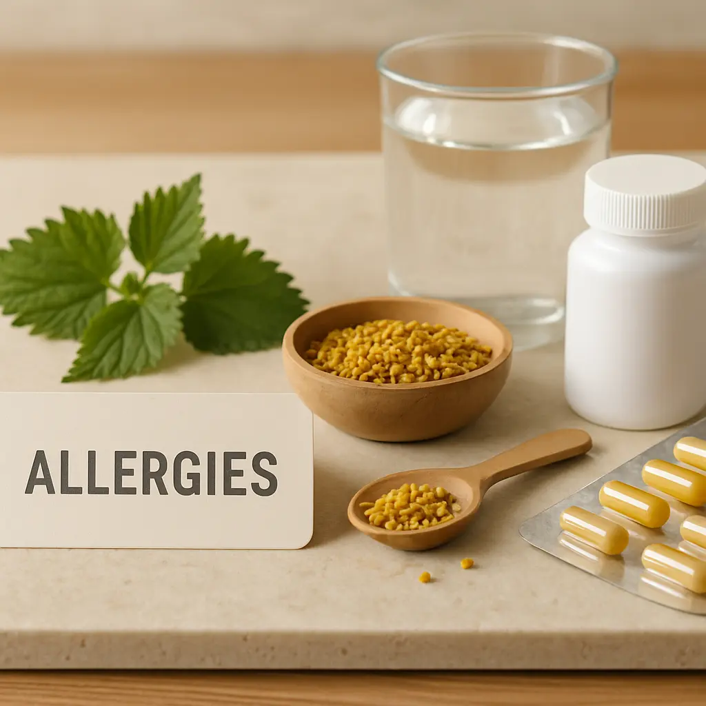 Allergy supplements concept with capsules, herbal leaves, bee pollen and a glass of water promoting wellness and healthy eating.
