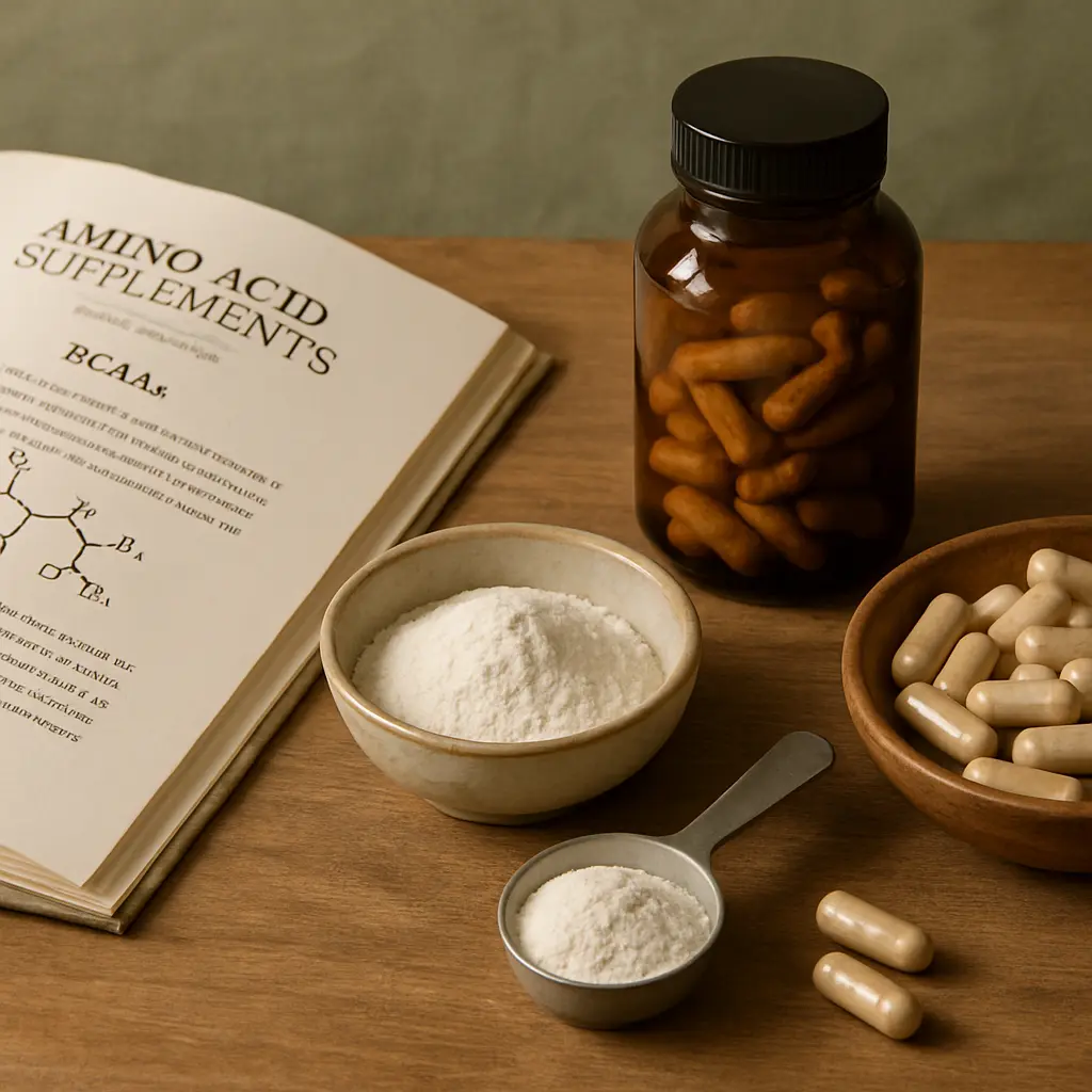 Amino acid supplements including capsules, powder in a bowl and measuring scoop, next to an open book on a table, highlighting fitness, vitamins, and wellness.