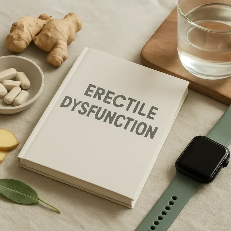 Book titled 'Erectile Dysfunction' alongside ginger, supplements, water, a fitness watch, and healthy eating elements on a table, emphasizing wellness and health.