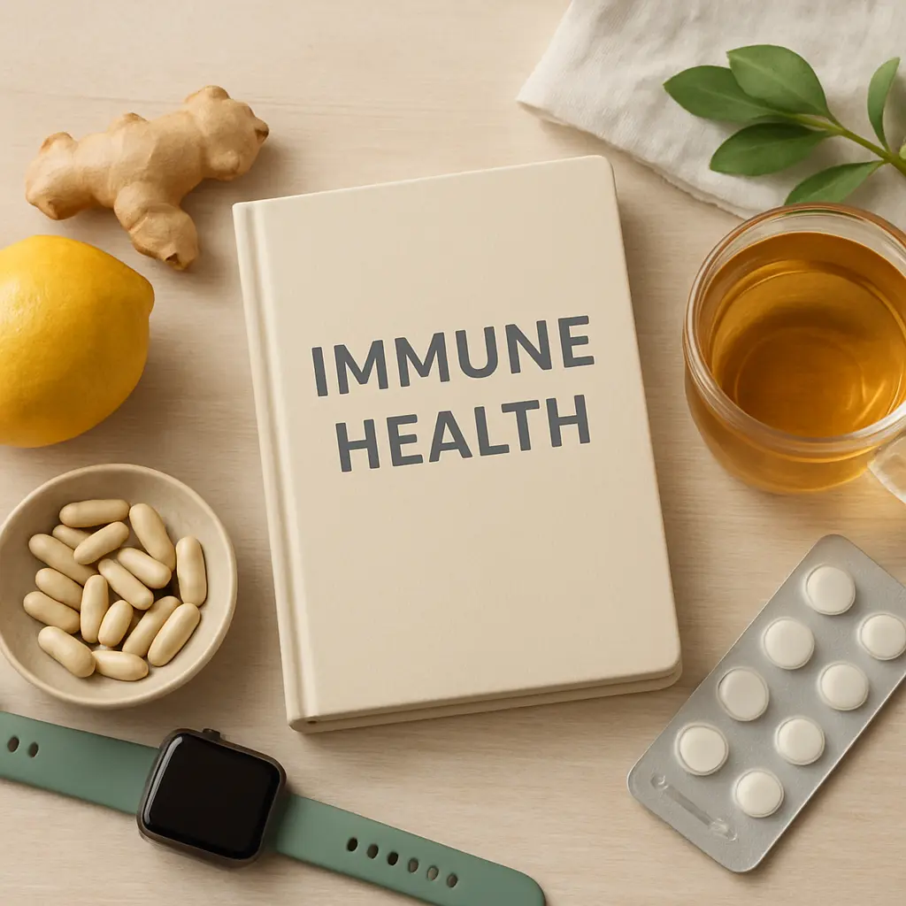 Flat lay image featuring a book titled 'Immune Health,' surrounded by ginger, a lemon, a cup of tea, vitamins, supplements in capsule and tablet form, and a fitness watch, emphasizing wellness and healthy living.