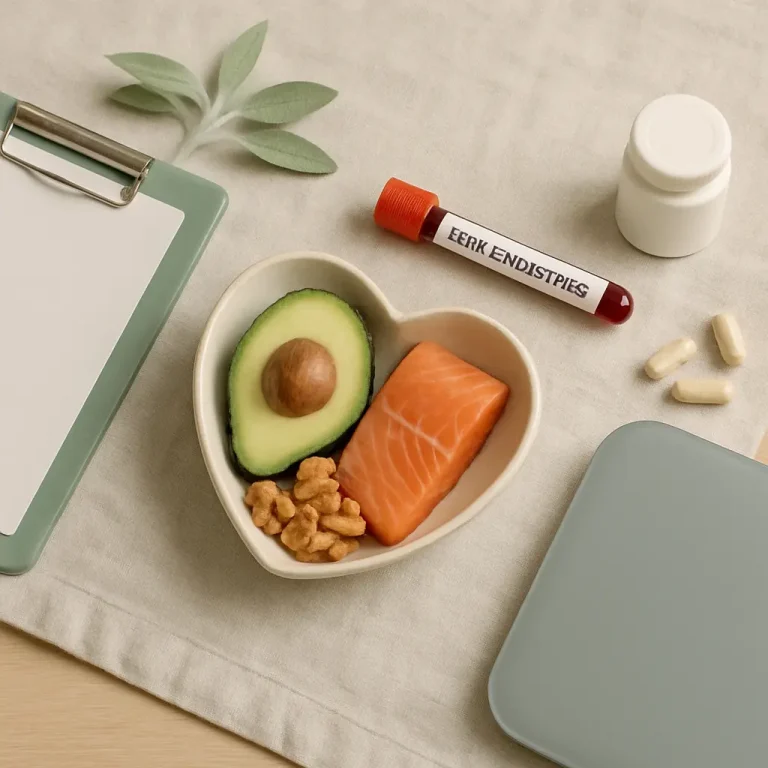 Healthy eating essentials including a heart-shaped bowl of salmon, avocado, and walnuts for nutrition, alongside a blood sample vial, dietary supplements, and a clipboard, symbolizing wellness and fitness.
