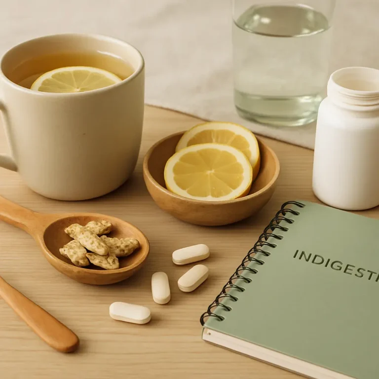 Arrangement featuring lemon slices, herbal tea, supplements, and a water bottle highlighting wellness, vitamins, and healthy eating.
