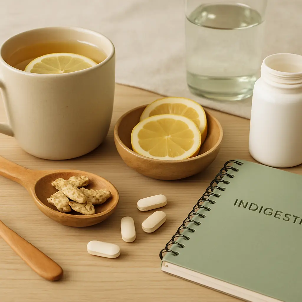 Arrangement featuring lemon slices, herbal tea, supplements, and a water bottle highlighting wellness, vitamins, and healthy eating.