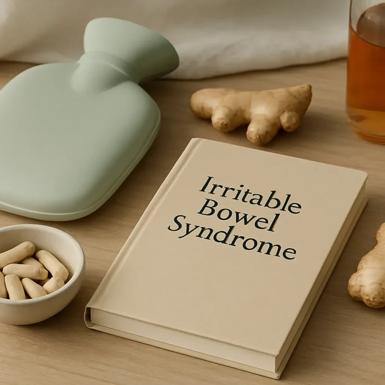 A book titled 'Irritable Bowel Syndrome' lies on a table with ginger, supplements, a hot water bottle, and a glass of tea, highlighting digestive health and wellness.