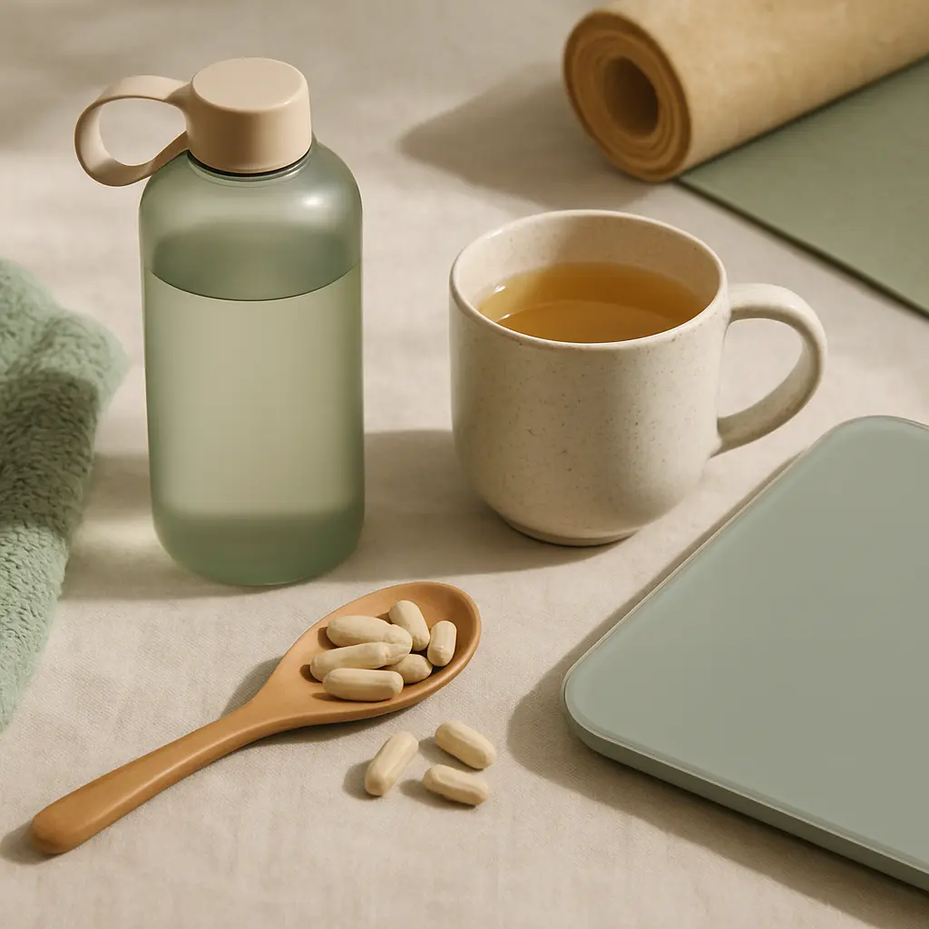 Wooden spoon with capsules, a water bottle, tea cup, towel, and yoga mat promoting fitness, vitamins, supplements, wellness, and healthy lifestyle.