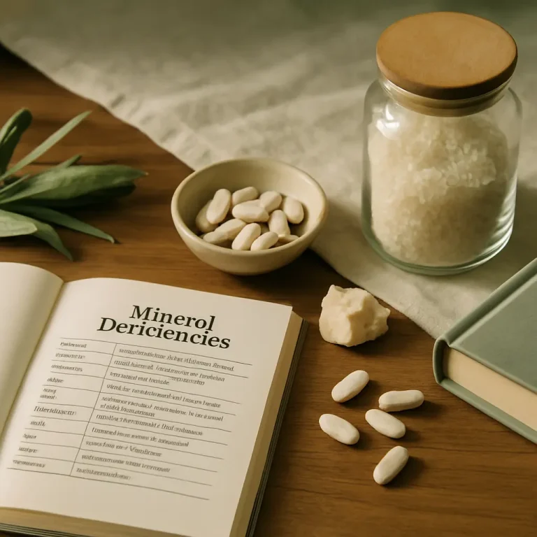 Table with supplement tablets, jar of grains, and book on mineral deficiencies, highlighting nutrition and wellness.
