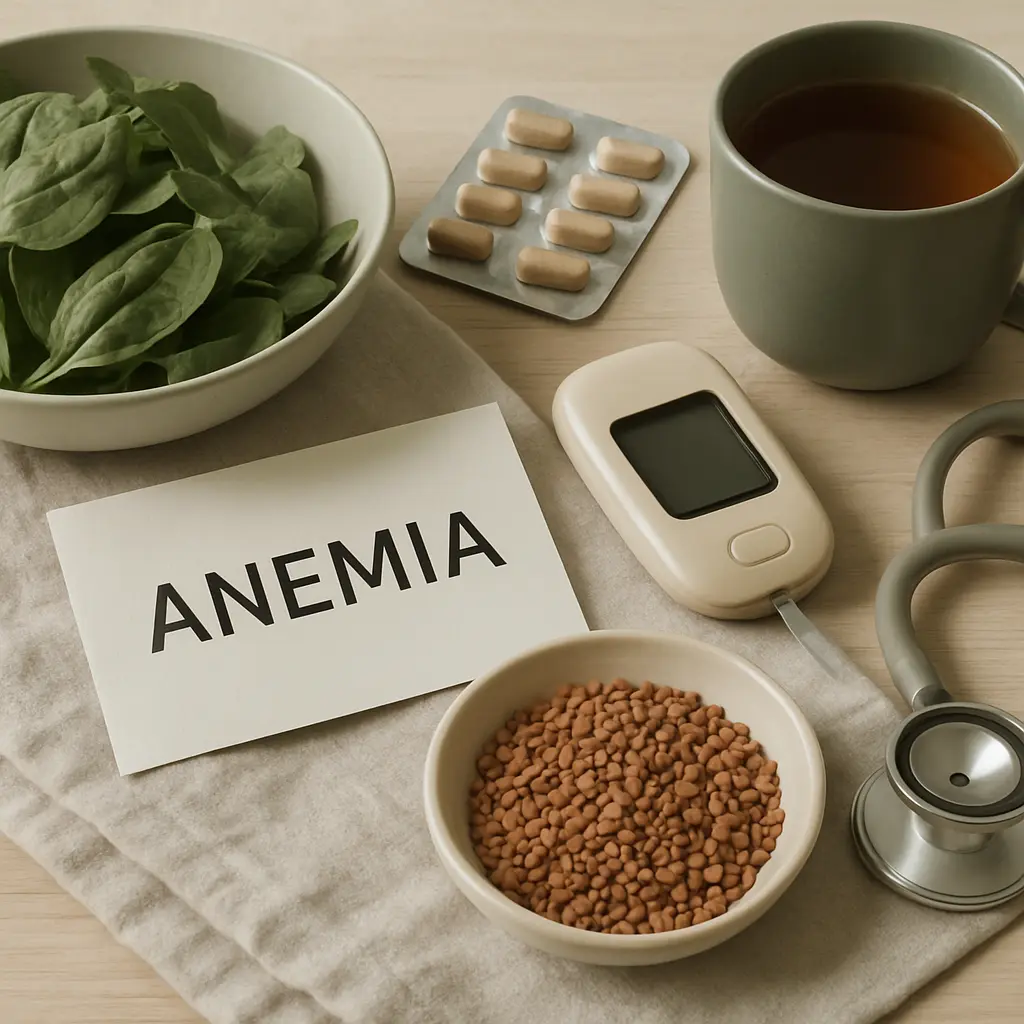 Bowl of spinach, iron supplements, digital thermometer, stethoscope, and cup of tea on a table with an 'Anemia' card, related to vitamins and healthy eating for wellness.
