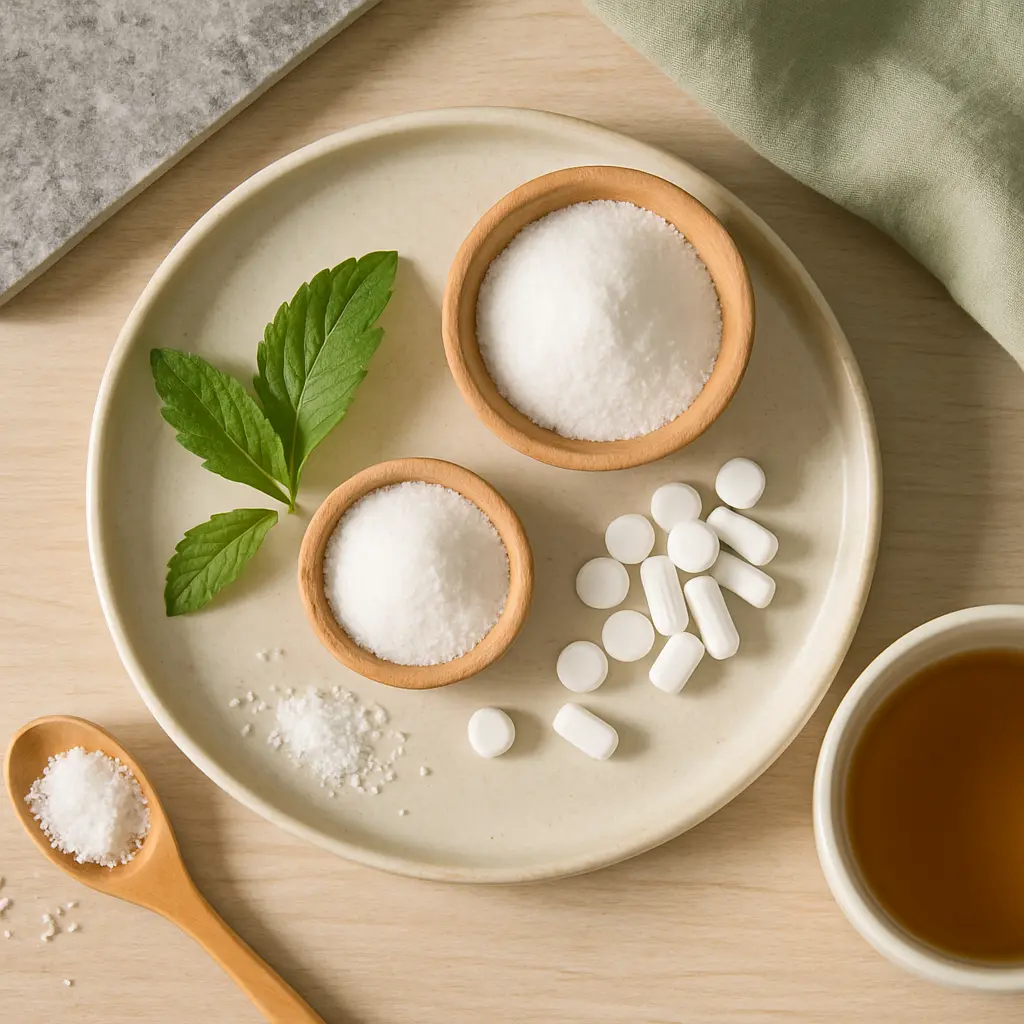 Plate with vitamin supplements, sugar substitutes, fresh mint leaves, and a cup of tea, promoting wellness, healthy eating, and fitness.