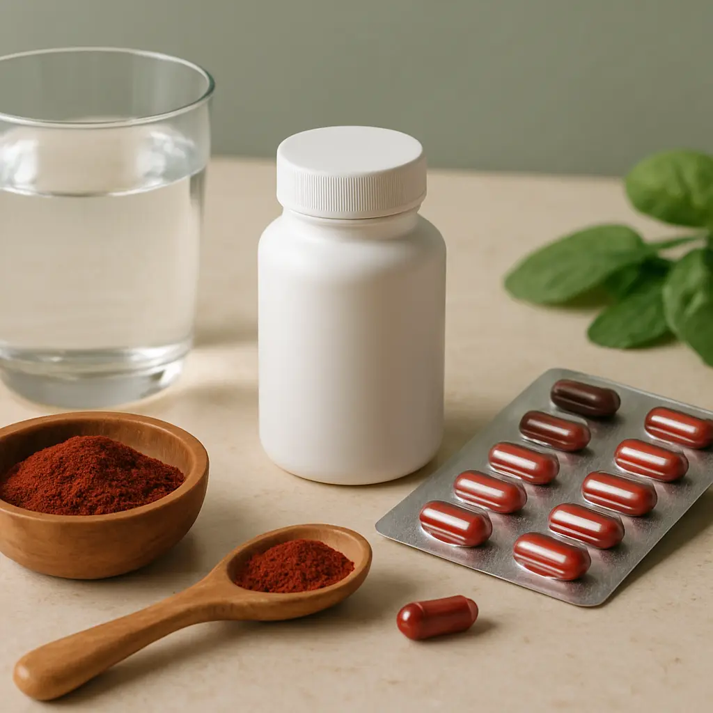 Tablet bottle with supplements, red capsules, a spoon of red powder, and a glass of water, promoting wellness, vitamins, and healthy eating.