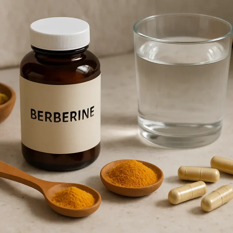 Berberine supplement bottle with capsules, turmeric powder, and a glass of water, promoting health, wellness, and fitness.