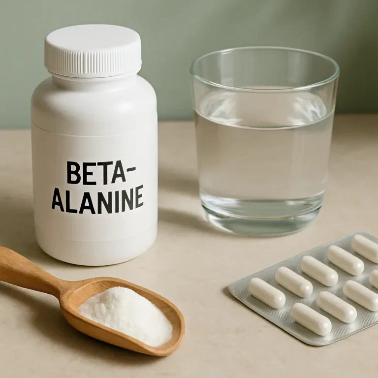 Beta-alanine supplement bottle, capsules, and powder, emphasizing fitness, wellness, and healthy eating; glass of water for hydration.