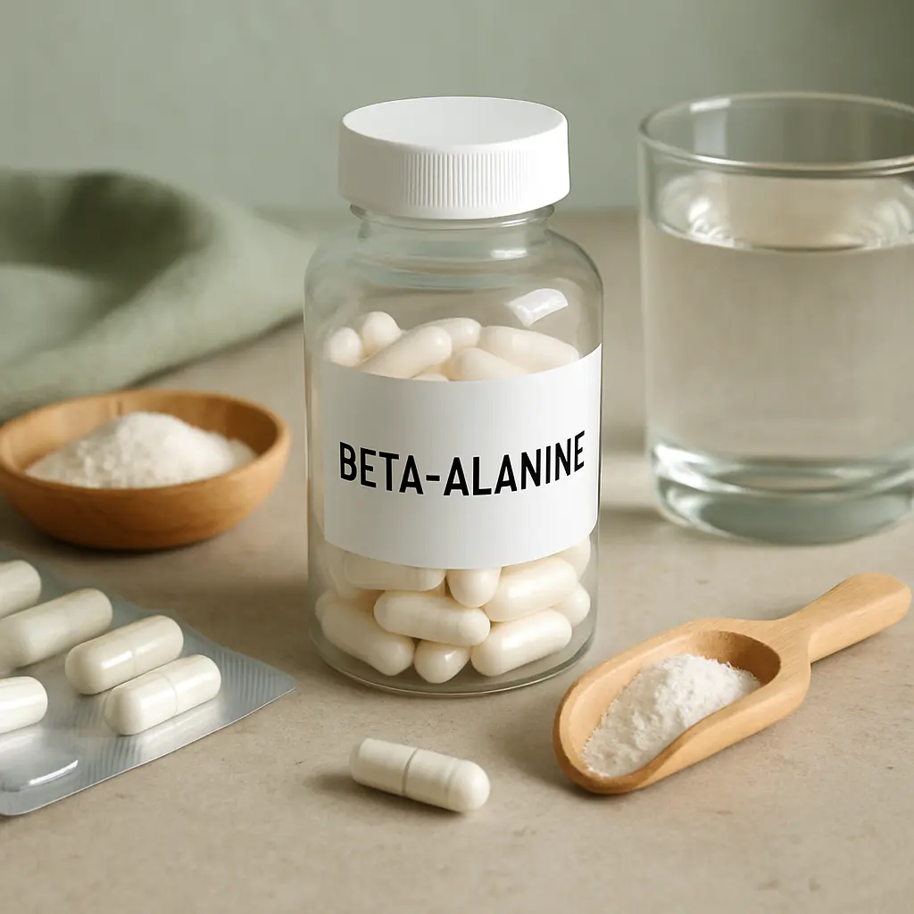 Beta-alanine supplement bottle with white capsules, a scoop of powder, and a glass of water, emphasizing fitness and wellness benefits.