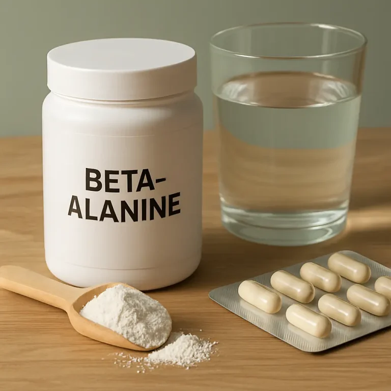 Beta-alanine supplement jar, powder, capsules, and a glass of water on a wooden table, promoting fitness, wellness, and healthy eating with vitamins and supplements.