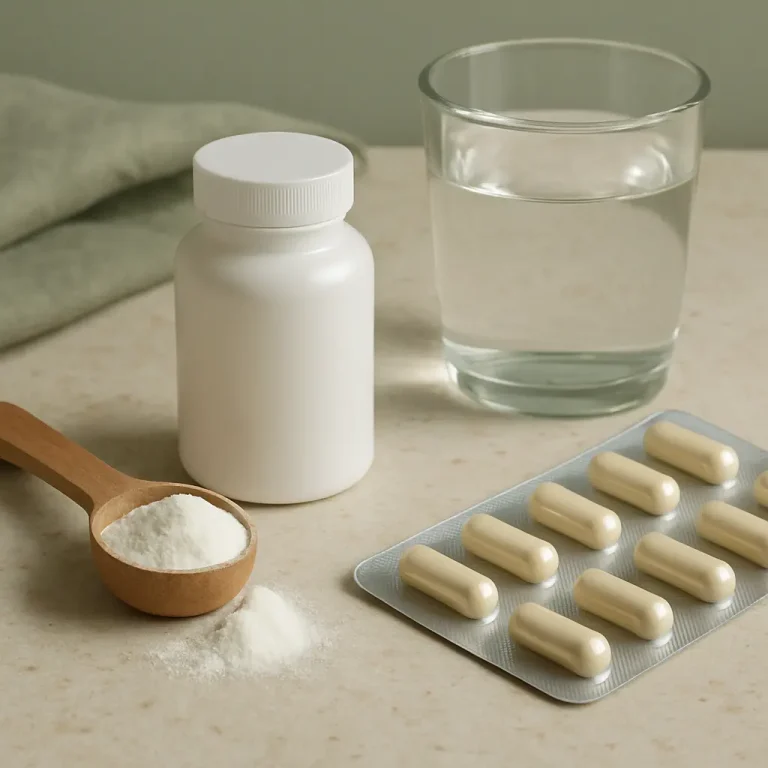 A white supplement bottle, a blister pack of capsules, a wooden scoop with powder, and a glass of water on a light stone surface, symbolizing vitamins, healthy eating, and wellness.