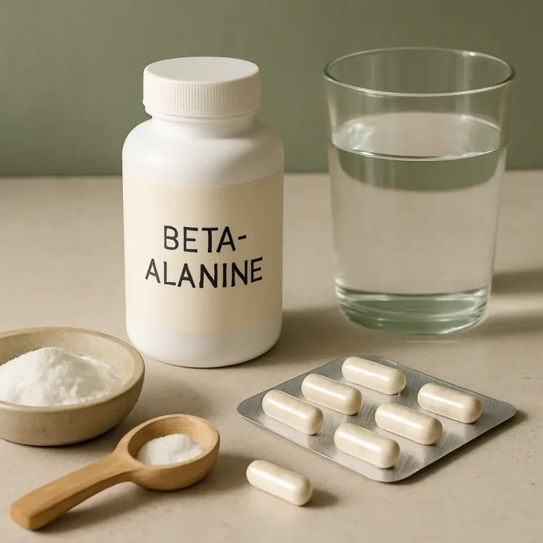 Beta-Alanine supplement bottle with capsules, powder, and a glass of water, promoting fitness and wellness.