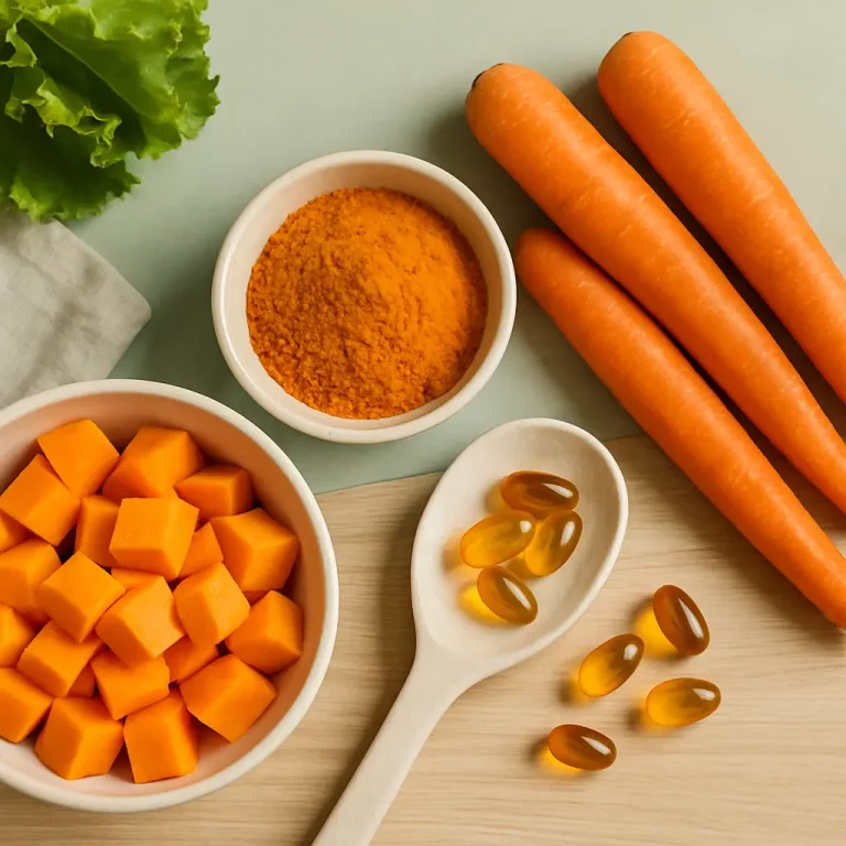 Fresh carrots, turmeric powder, diced pumpkin, and vitamin capsules on a table, highlighting healthy eating and wellness with natural supplements and nutrients.