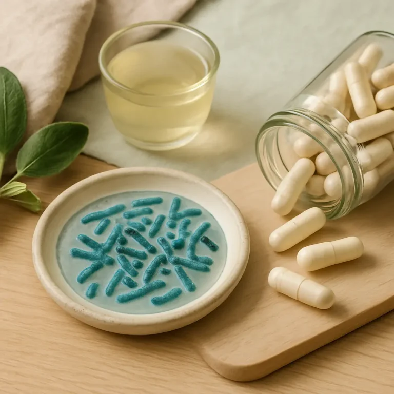 A plate with blue algae, a glass jar with white capsules, and a small cup of liquid, symbolizing vitamins, supplements, and wellness.