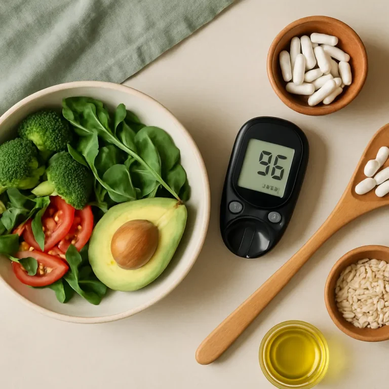 Healthy eating setup featuring a bowl with fresh spinach, broccoli, tomato slices, and avocado, alongside white supplement pills, a glucose meter reading 96, olive oil, and uncooked rice, promoting vitamins, supplements, fitness, and wellness.