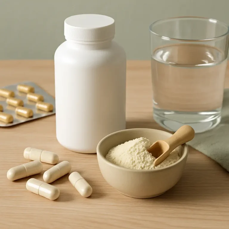 Vitamins and supplements on a wooden table, featuring a white bottle, a bowl of protein powder with a scoop, capsules scattered nearby, and a glass of water, promoting fitness and wellness.